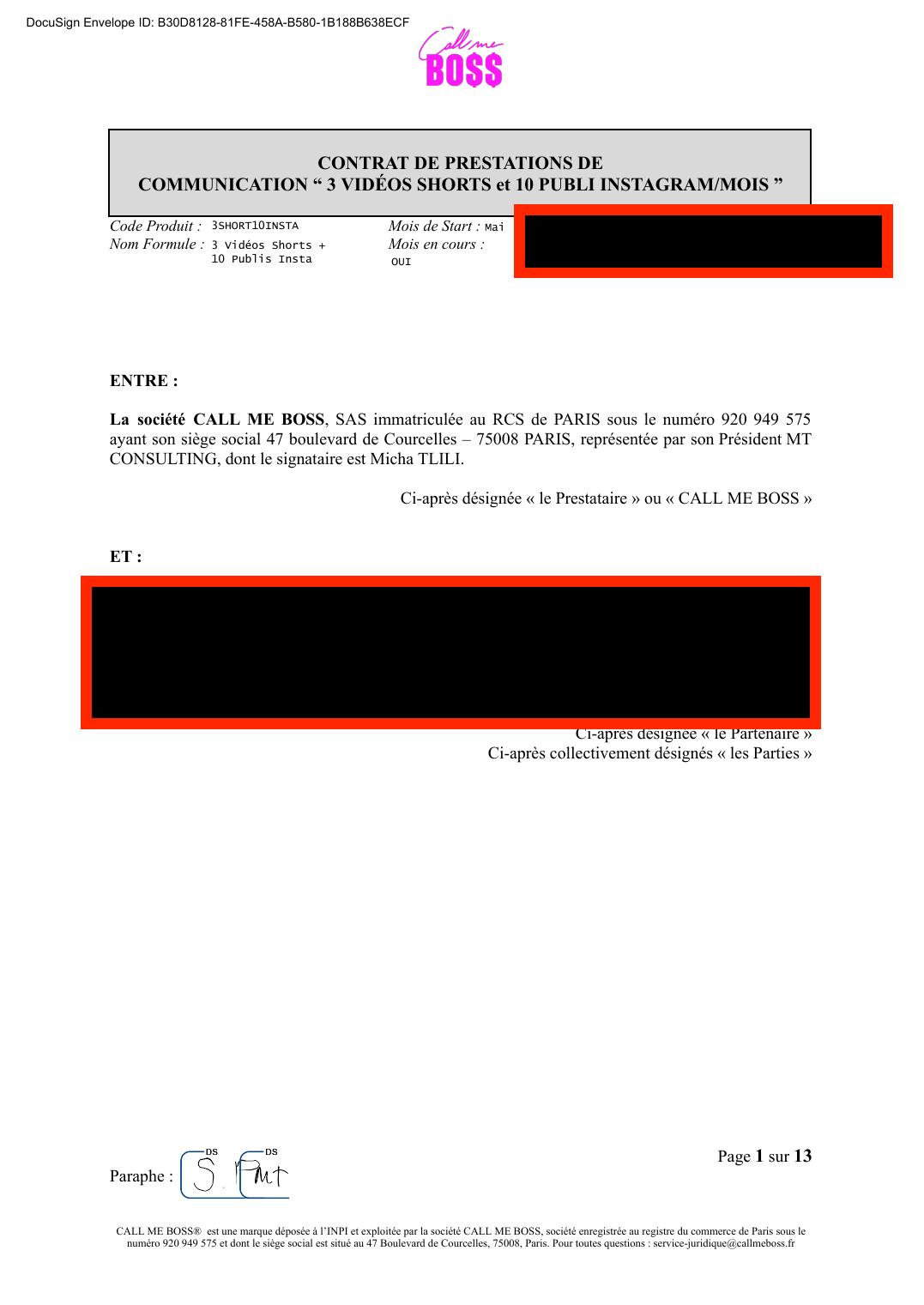 Contrat — 3 Shorts + 10 Insta